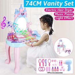 Pretend Play Girls Toys Kids Makeup Dresser Princess Dressing Table with Mirror Cosmetics Hair Dryer Piano 74CM Height LJ201009