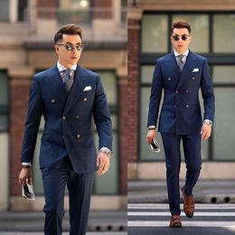 Navy Cheque Groomsmen Wedding Tuxedos Double Breasted Best Men Coat Suits Prom Party Blazer Jacket (Jacket+Pants)