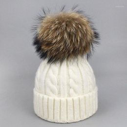 Beanie/Skull Caps Winter Natural Raccoon Fur Pom Poms Hat For Women Girls Pompom Knitted Beanies Cap Thick Female Skullies Beanies1