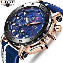Wristwatches Relogio Masculino 2021 LIGE Blue Leather Mens Watches Top Luxury Sport Watch Men Stainless Steel Case Multifunction Quartz Cloc
