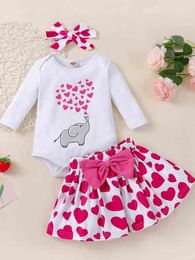 Baby Elephant Print Bodysuit & Heart Bow Front Skirt & Headband SHE