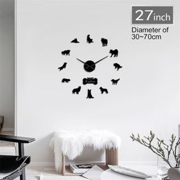 Border Collie Dog Breed Animal 3D DIY Wall Clock Border Colly Silhouette Acrylic Mirror Sticker Mute Clock Watch Pet Lover Gift 201118