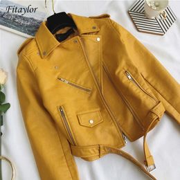 Fitaylor Fashion Women Pu Leather Jacket Bright Colour Black Motorcycle Coats Short Faux Leather Biker Jackets Soft Coat Female 201029