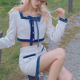 Autumn Kawaii Two Piece Set Women Korean Fashion Patchwork Party Mini Skirt Suit Female Long Sleeve Bow Designer 220302