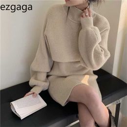 Ezgaga Knit Two Piece Set Women Fashion Turtleneck Sweater Jumper Sleeveless Elegant Dress Loose Solid Pullover Office Lady 211221