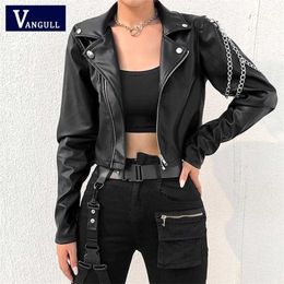 Vangull Faux Leather Cropped Jacket Women Punk Harajuku Black Coat Woman Gothic Long Sleeve Overcoat With Chains Spring 220105