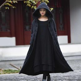 Long Coat Women Winter Clothes Fashion Chinese Style Vintage Cape Poncho Cloak Hood Linen Cotton Loose Baggy