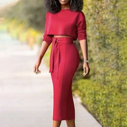 Women Red Two Pieces Set Crop Tops High Waist Skirts Half Sleeves Jupes with Waist Belt Elegant Fashion Suits Classy Office Wear 201110
