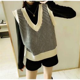 Angora Wool Knit Vest Sweater Women Winter Korean Vintage Houndstooth Geometric Plaid V Neck Sleeveless Pullover Jumper Top 201017