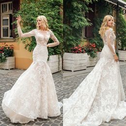 2021 Mermaid Wedding Dresses Jewel Neck Long Sleeve Appliques Lace Bridal Gowns Custom Made Button Back Sweep Train Wedding Dress
