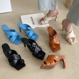 2020 Women Slides 10cm High Heels Blue Mules Fetish Summer Fashion Slip On Peep Toe Sandals Luxury Heels Slippers Sandles Shoes X1020