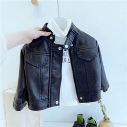 1-8T Toddler Kid Baby Boys Girls Spring Clothes Warm PU Coats biker Jacket For Girl Fashion Streetwear Black Zipper Outwear 220222