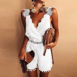 white jumpsuit elegant for women Sleeveless V-neck Lace Embroidery Casual Boho Playsuit Party Jumpsuit #XB35 T200704