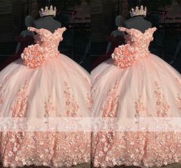 hot pink sweet 16 dresses UK - 2022 Hot Pink 3D Flowers Floral Lace Quinceanera Prom Sweet 16 Dresses Off Shoulder Tulle Corset Back Special Occasion Dress Women