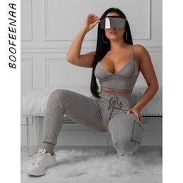 BOOFEENAA Sexy Tracksuit Womens Clothing Gym Sports 2 Piece Outfits Crop Top Pants Matching Sets Sweat Suits Lounge Wear C87AE01 T200825