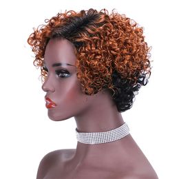 Dark Roots Blonde Human Hair Wig Pixie Cut Curly Short Bob Non Lace Front Wig With Bangs For Black Women 150% Colored 1B/30 Glueless Wig
