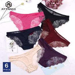 ATTRACO Women's Lace Edge Underwear String Panties Tanga Thong Briefs Cotton Crotch 6 Pack Breathable Transparent Tempting Sale 201112