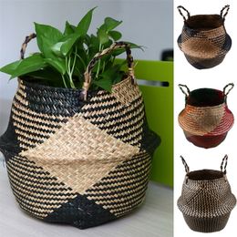WHISM Foldable Handmade Rattan Woven Flower Basket Seagrass Clothing Storage Basket Home Decoration Hanging Flower Pot Organiser LJ201209