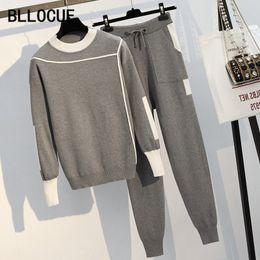 BLLOCUE Women Knitted Sweaters Pants Set 2 Piece Set Woman Casual Long Sleeve Pullover Tops and Pant Set Autumn 2Pcs Clothes Tr T200118