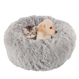 Long Plush Soft Pet Dog Bed Grey Round Cat Winter Warm Sleeping Beds Bag Puppy Dog Cushion Mat Portable Pets Supplies Willstar 201123