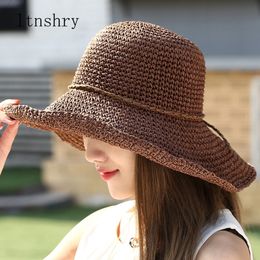 Summer Fashion women Straw Hat Bow Lady Foldable Sun Hat Visor cap Panama Style Bucket Cap Strawhat Beach Hat girl cap Outdoor Y200714