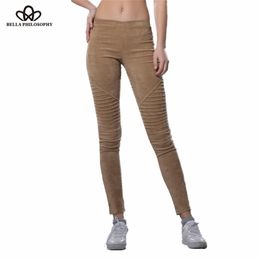 Bella Philosophy Autumn Winter faux suede leggings fold high waist retro elastic stretchy slim women pencil pants plus size 201118