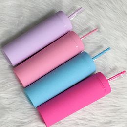 Acrylic Skinny Tumbler 16oz Matte Coloured Tumblers With Lids Straws Double Wall Plastic Vinyl Coffee Mug Christmas Gifts For Friend