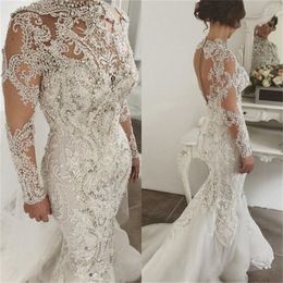 Luxurious Beaded Lace Mermaid Wedding Dresses 2022 Sexy Illusion Back Sheer Long Sleeves Plus Size Bridal Gowns Wedding Dress BC0097