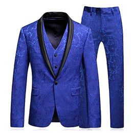 Men's Shawl Lapel 3-Pieces Suit Slim Fit One Button Dress Suit tuxedo Jacket Pants+Vest Men Suits for Wedding Costume Homme 201105