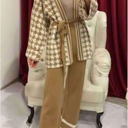 Newest Fall Winter Sweater Pants Two piece set For Women Houndstooth Lace-up Knitted Cardigan Jacket and Wide leg Pants Sets 201120