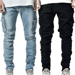 Men Solid Skinny Pockets Denim Cargo Combat Pants Jeans Slim Fit Trouser Bottoms Fashion Men's Casual Outwear Jeans 220311