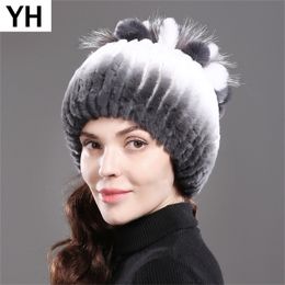 Women's Genuine Hats Winter Rex Rabbit Beanies Striped Head Top Flower Fox Warm Real Fur Knit Caps Y201024