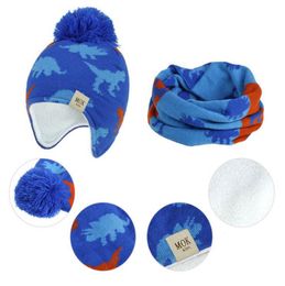 Toddler Hat Cartoon Dinosaur Knitted Ear Hats Neckerchief Sets Winter Boys Kids Caps Newborn Fashion Accessories 4 Colours BT5973