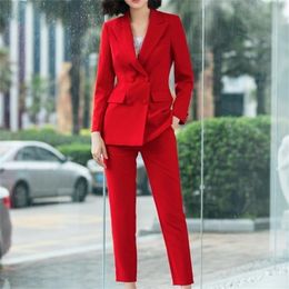 SWYIVY Casual Solid Women Pant Suits Notched Collar Blazer Jacket Female Suit Spring Autumn Red Double Breasted Two-piece Suit 200923