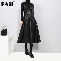 [EAM] New Spring Autumn Solid Colour Strapless Black PU Leather High Waist Belt Zipper Loose Dress Women Fashion Tide LJ200810