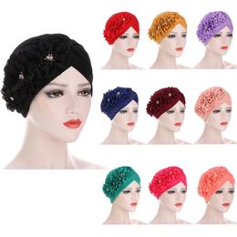 Women India Hat Pleated Muslim Hijabs Turban Flower Ruffle Beanies Skullies Bonnet Chemo Cancer Cap Islamic Head Cover Fashion