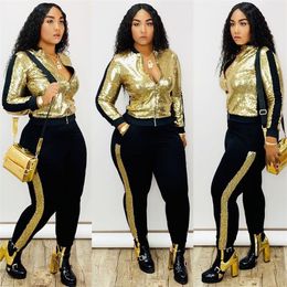 Autumn Winter Sequin 2 Piece Set Women Tracksuit Long Sleeve Jacket Top Pants Suit Streetwear Sparkly Matching Sets Club Outfits 201106