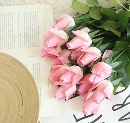 Artificial Flowers Silk Rose Fake Flowers Roses Bud Long Stem Wedding Decorative Plant with Leaves Home Hotel Decor 6 Colors YG1016