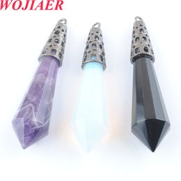WOJIAER Retro Natural Stone Pendants for Necklaces 12 Faceted Pyramid Wicca Purple Crystal Sodalite Tiger Eye Opal Reiki BO917