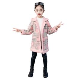 2021 winter New lattice puls velvet warm Girls Woolen Coat fashion Children's Clothing women hooded jacket Medium Long Girl Overcoat