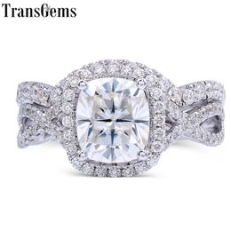 TransGems 14K White Gold Center 2ct 7X8mm Cushion Cut F Color Moissanite Diamond Twisted Engagement Bridal Ring Set for Women Y200620