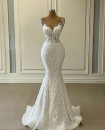 White Mermaid Wedding Dresses with Detachable Train Ruffles Lace Appliqued Bridal Gowns Plus Size Vestidos de novia275l