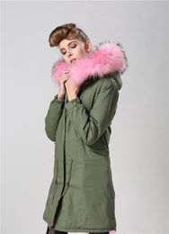 Army Green canvas long parkas Pink Rabbit Fur lining Beauitful women jackets Classic raccoon fur trim winter