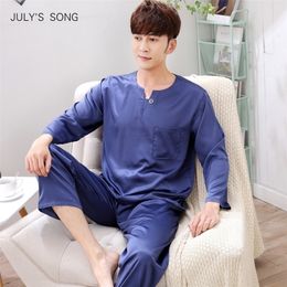 JULY'S SONG Satin Faux Silk Male Nightwear Solid Long Sleeve Pocket Soft Men's Sleepwear Pyjamas Sets Casual Homewear Pyjamas 201111
