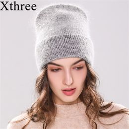 Xthree new women's winter knitted Angola Rabbit fur beanie Bonnet girl 's hat fall female keep warm fashion cap Y201024