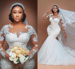 Plus Size African Mermaid Wedding Gowns With Long Sleeves Sheer Crew Neck Lace Appliqued Beads Bridal Dress Vintage Tulle Court Train Women Vestidos De Novia AL9882