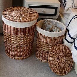 Home Storage Organisation Handmade Woven Wicker cattail Laundry Hamper Storage Baskets with Lid decorative wicker baskets cesta LJ201204