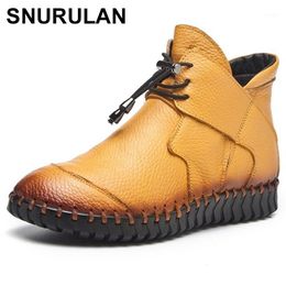 SNURULANNew Women Genuine Leather Boots Handmade Flat Booties Soft Cowhide Women's Shoes Lace-Up Ankle Boots Female WinterE2111