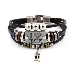 I LOVE JESUS Charm Bracelets Vintage Fish Pendant Christian Multilayer Leather Bracelets for Mens Women Bangle 2021