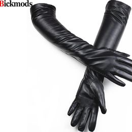 -Fünf Finger Handschuhe Lange Leder weibliche Seitenspitze Stil Schaffell über 50 cm Ellenbogenlänge dünn Samtfutter warm schwarz